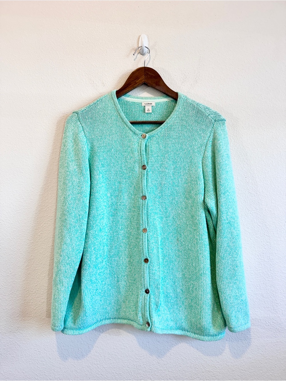 L.L.Bean Cotton Cardigan XL Aqua Mint Coastal Grandma Preppy Quiet Luxury L08